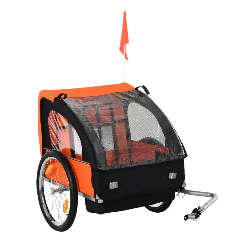 Rimorchio Bici Bambini con 2 Posti, 2 Cinture di Sicurezza, Telaio in Acciaio e Copertura in Tessuto Oxford Arancione YB6440-008OGYB6