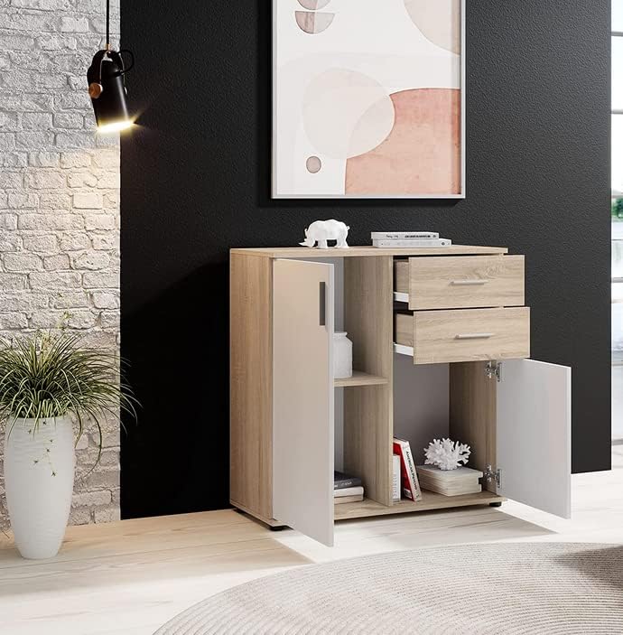 credenza moderna madia soggiorno cucina ingresso cassettiera camera salotto entrata in legno mobile multiuso bagno ufficio studio dispensa moderno buffet tv sala pranzo bianco e rovere quercia T2056,65S