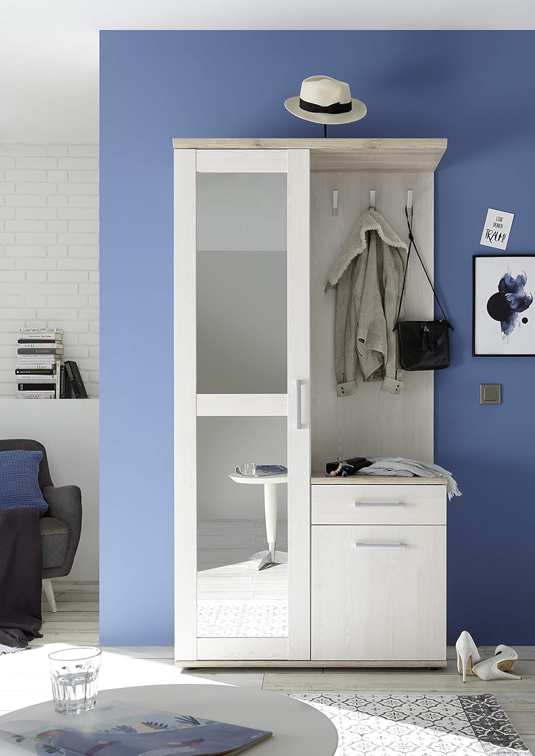 mobile ingresso entrata moderno design guardaroba appendiabiti salvaspazio corridoio specchio scarpiera cassetto mensola bianco armadio entrata T2056,174S