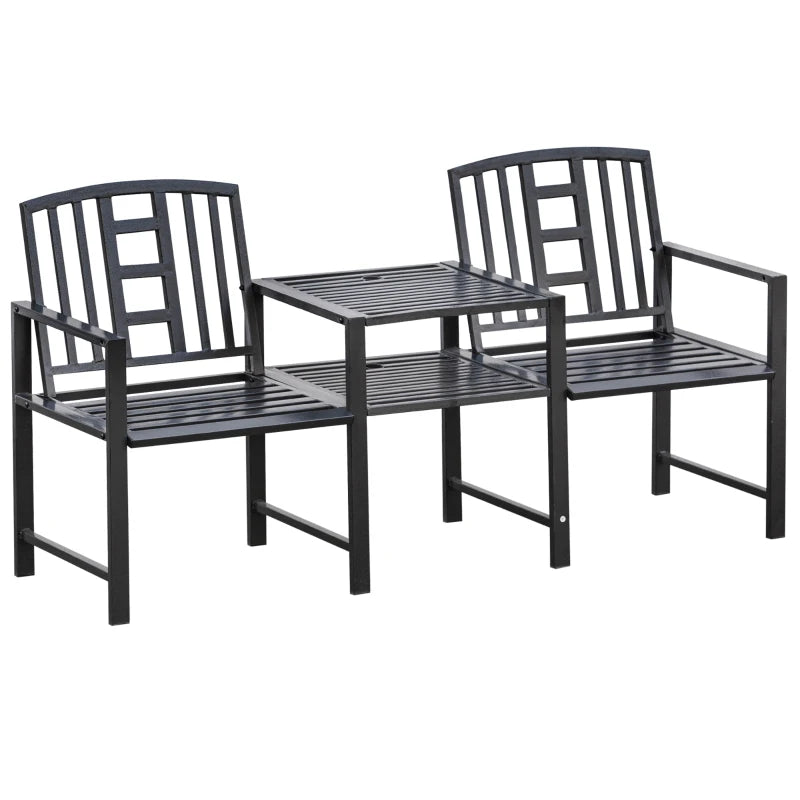 Panchina da Giardino Moderna 2 Posti con Tavolino e Foro per Ombrellone Arredamento da Esterno 165x56x85.5cm Nero 84B-533
