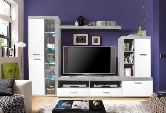 parete attrezzata tv da soggiorno cucina per salotto moderna mobili tv bianco lucido e grigio cemento T2302,105S