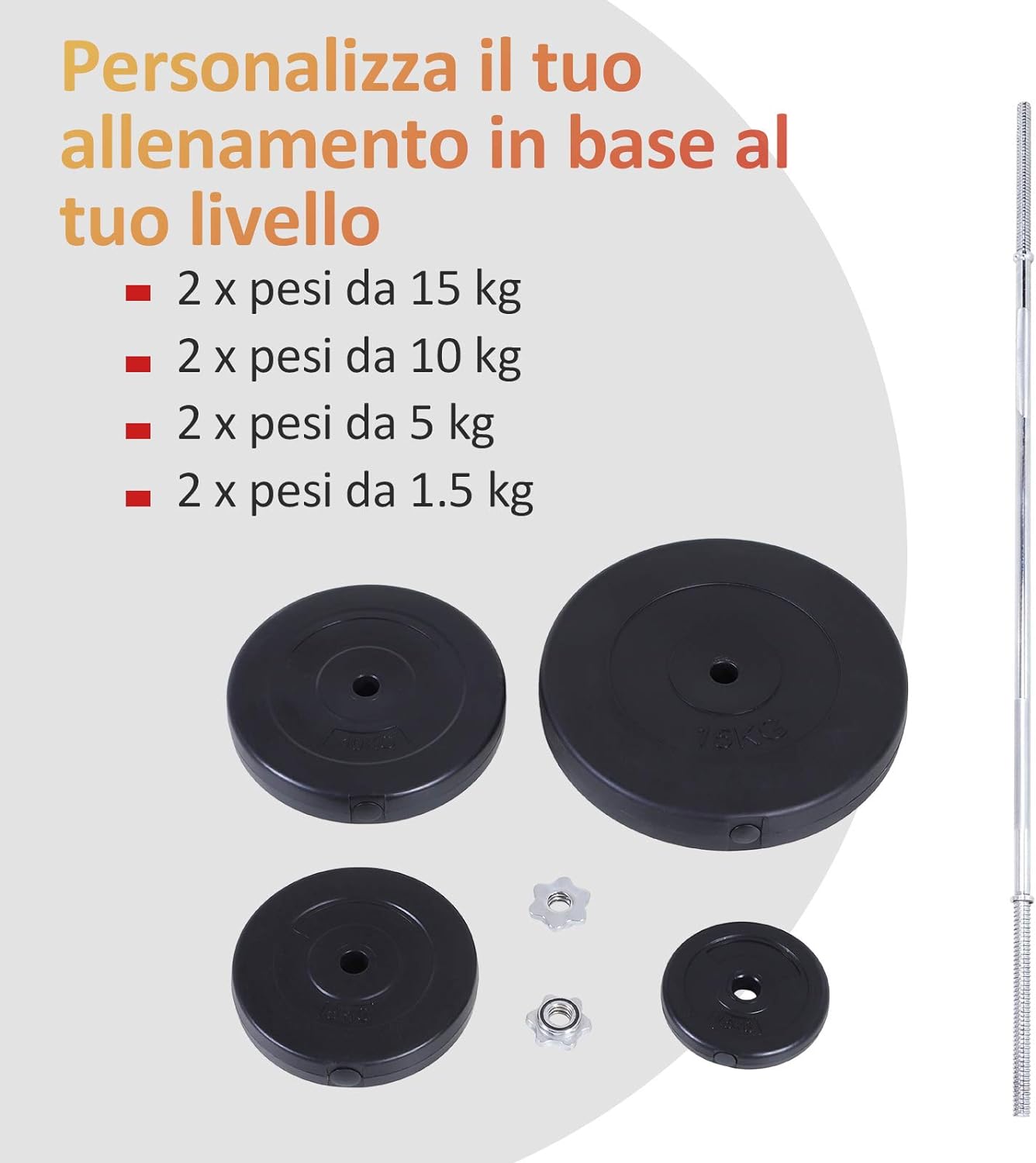 Set Bilanciere e Dischi 70kg pesi palestra 8 Dischi Pesi Rivestiti in Plastica e Barra in Ferro, 170x40.5x40.5cm Nero 898A91-074f66