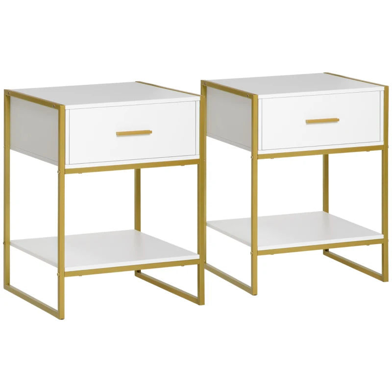 Set 2 Comodini Moderni con Cassetto e Ripiano Aperto in MDF e Acciaio, 45x40x60cm, Bianco e Oro AW1831-534AW1