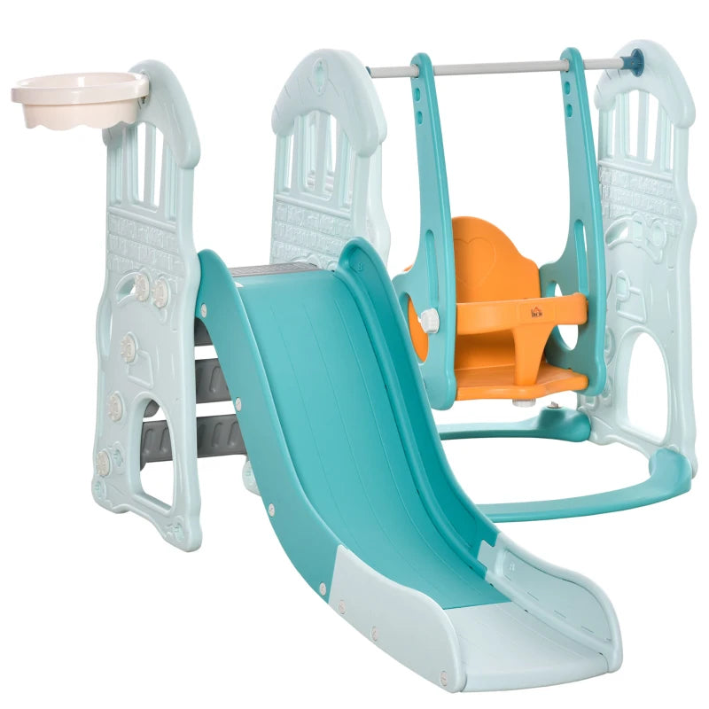Scivolo 3 in 1 per Bambini con Altalena Regolabile, Canestro e Palle per Cameretta e Giardino, 149x186x98cm, Blu e Arancione GH5331-007GH5
