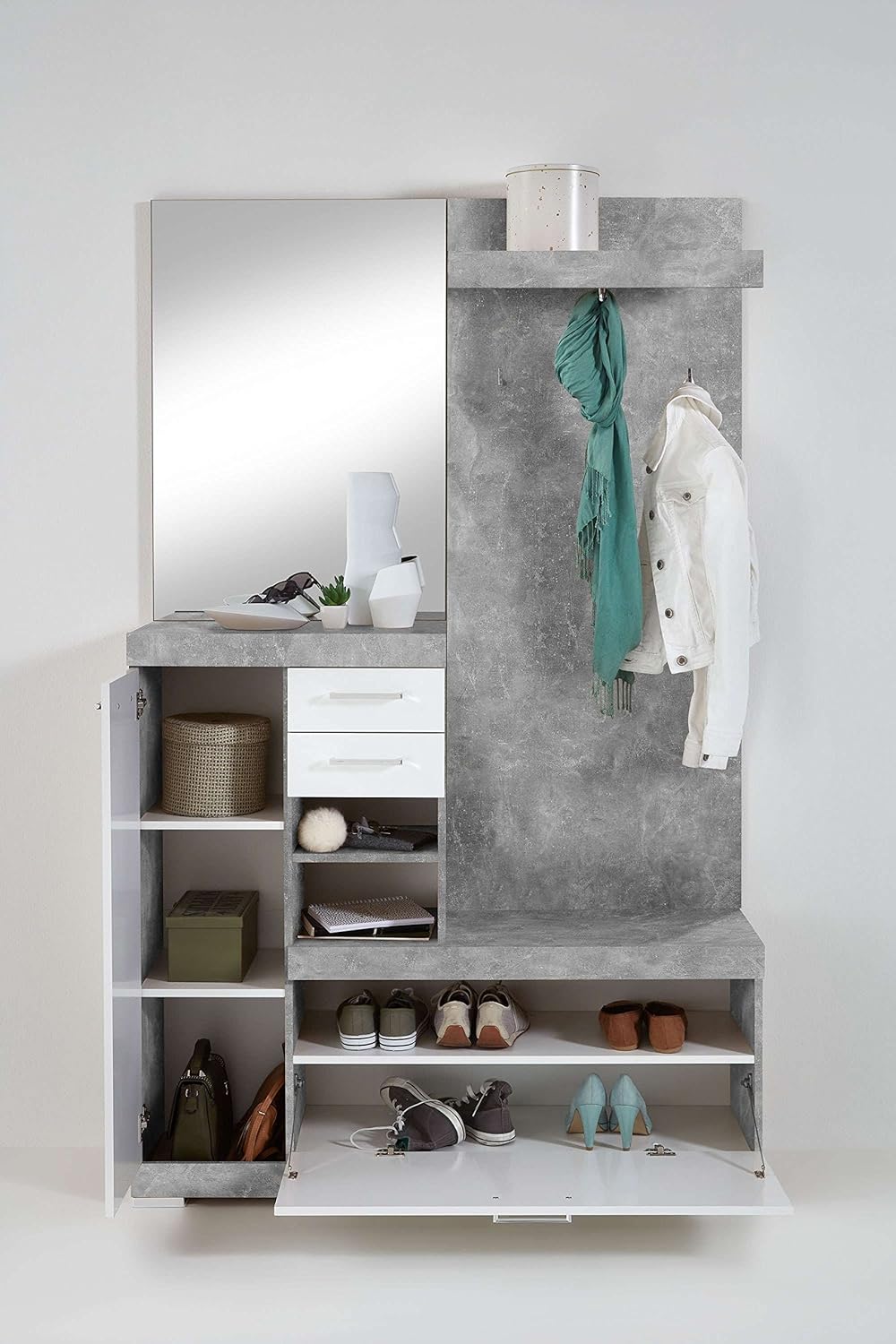 mobile ingresso entrata moderno design guardaroba appendiabiti salvaspazio corridoio specchio scarpiera cassetto mensola bianco grigio cemento armadio cassettiera T2208,198,0S