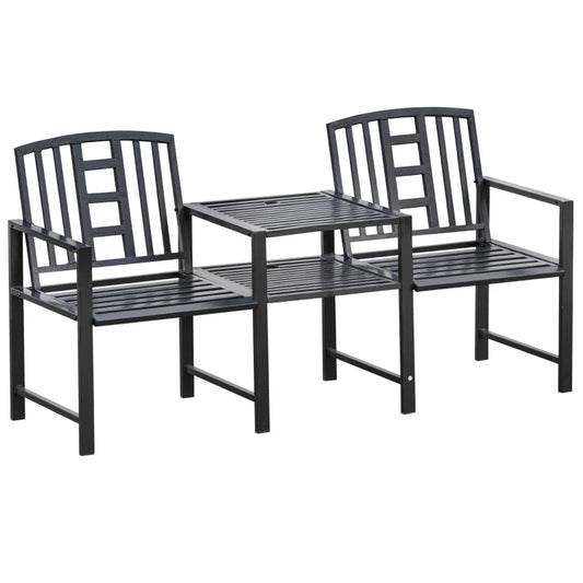 Panchina da Giardino Moderna 2 Posti con Tavolino e Foro per Ombrellone Arredamento da Esterno 165x56x85.5cm Nero 84B-533