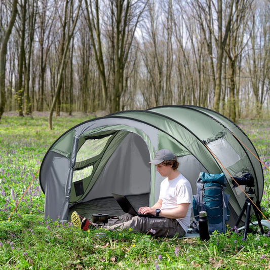 Tenda da Campeggio Pop Up 2 Posti con 2 Porte, 4 Finestre e Telo Impermeabile, 263.5x220x123 cm, Verde Scuro EC3A20-169EC3