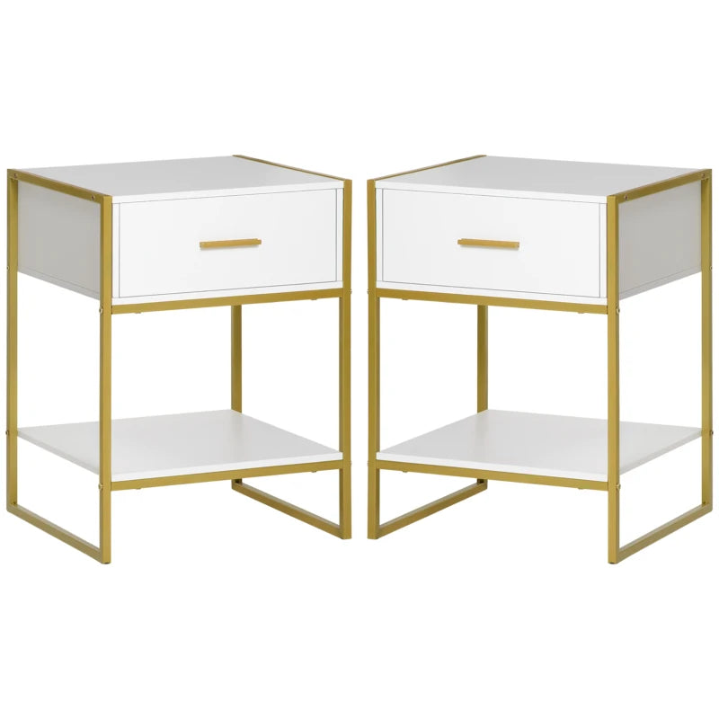 Set 2 Comodini Moderni con Cassetto e Ripiano Aperto in MDF e Acciaio, 45x40x60cm, Bianco e Oro AW1831-534AW1