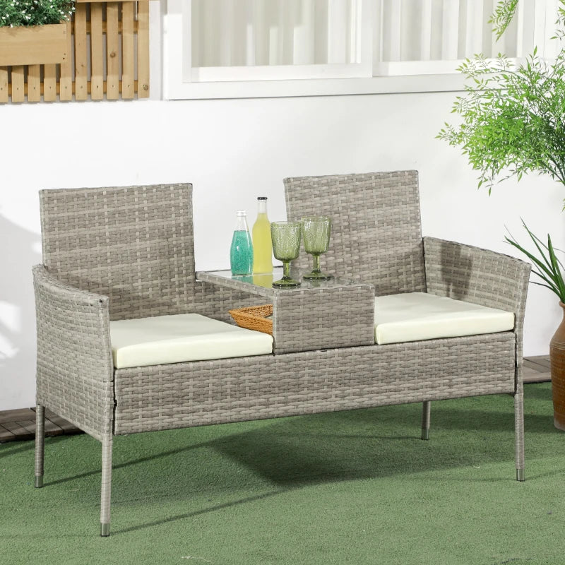 Divanetto per Esterni 2 Posti con Tavolino da Caffè, in Acciaio e Rattan PE, 137x59x82 cm, Grigio e Crema 867-181V00GG