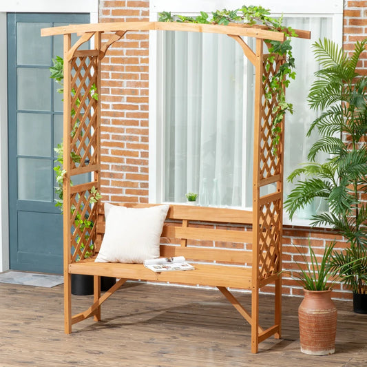 Panchina da Giardino in Legno di Abete con Arco Decorativo per Piante e Vasi, 160x50x198 cm, Marrone 84G-002V00BN