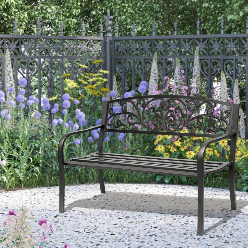 Panchina da Giardino in Metallo con Schienale Decorato, 127x60x87cm - Nero 840-036