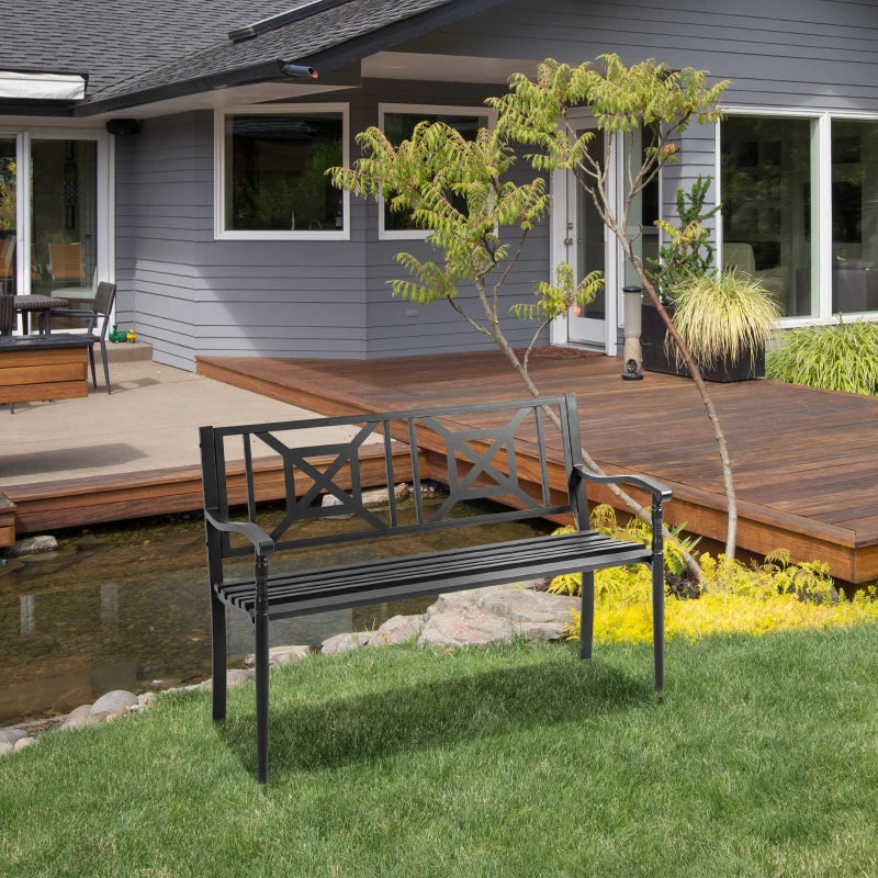 Panchina da Giardino in Acciaio a 2 Posti con Schienale Alto e Braccioli, 128x62.5x81.5 cm, Nero 84B-749V01