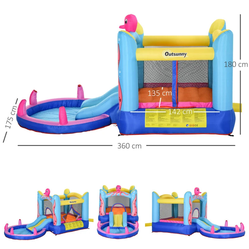 Castello Gonfiabile Gigante e Rimbalzante per Bambini 3-8 Anni con Scivolo, Piscina e Gonfiatore 3.6x1.75x1.8m MN4342-022V90MN4