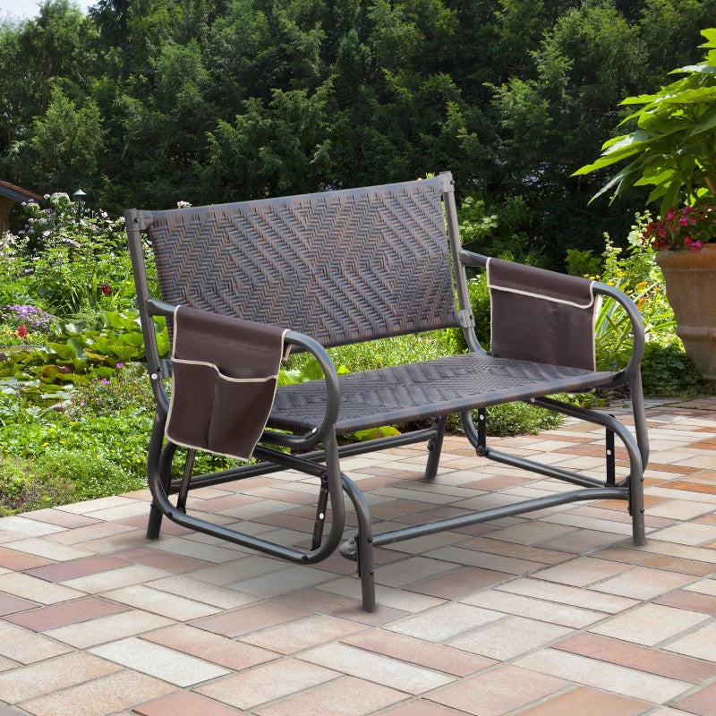 Panchina a Dondolo da Giardino 2 Posti in Rattan e Acciaio con Tasche Laterali, 122x75x88cm Marrone e Nero 867-076