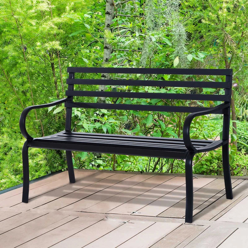Panchina da Esterno in Metallo Impermeabile Nero, Panca da Giardino a due Posti, 127 x 62 x 82cm - Max 240kg  84B-010