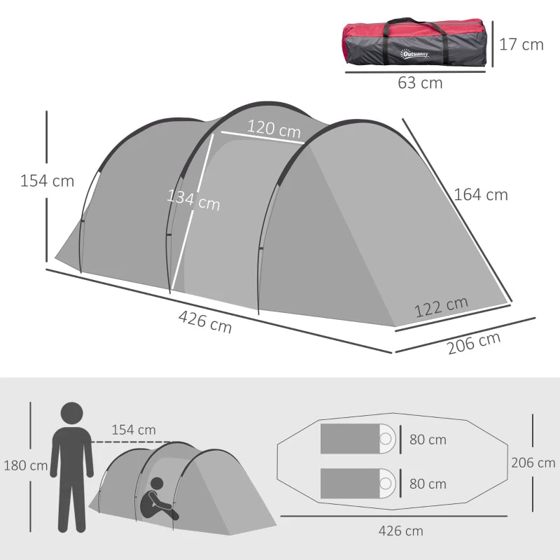 Tenda da Campeggio 2-4 Posti con Vestibolo e Porte con Cerniera, 426x206x154cm Grigio EM6A20-173CGEM6