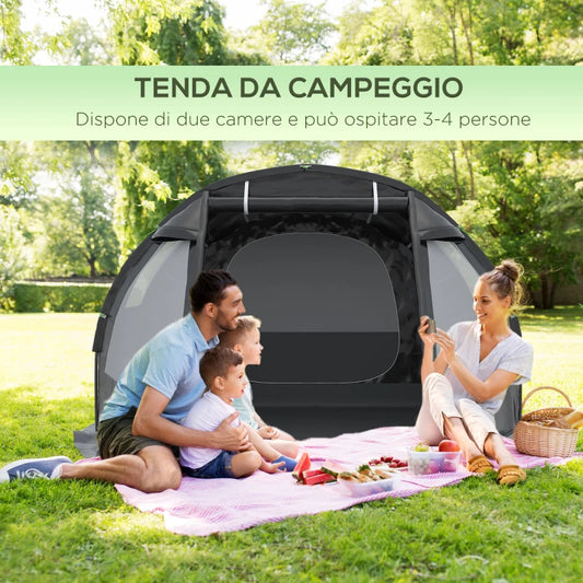 Tenda da Campeggio 3 Posti con 2 Stanze Interne con Finestre e Coperture, 475x264x172 cm, Nero EJ8A20-285V00BKEJ8
