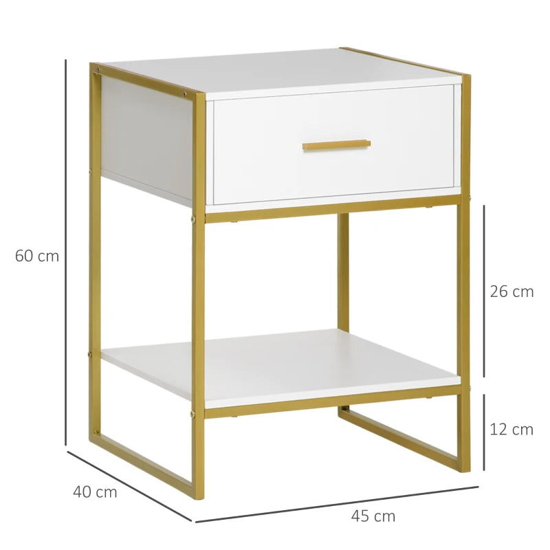 Set 2 Comodini Moderni con Cassetto e Ripiano Aperto in MDF e Acciaio, 45x40x60cm, Bianco e Oro AW1831-534AW1