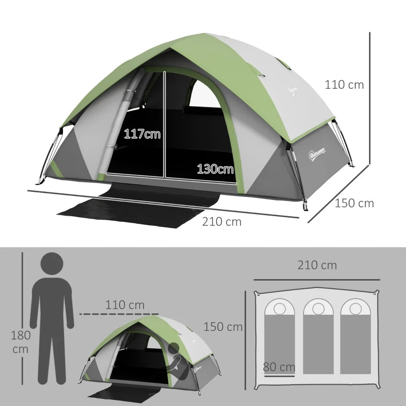 Tenda da Campeggio 3 Posti con Finestra a Rete, in Poliestere, Fibra di Vetro e PE, 210x150x110 cm, Grigio e Verde RJ2A20-407V00GNRJ2