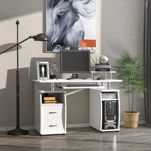 Scrivania per PC in legno e Acciaio con Ripiano per Tastiera e per Monitor, 2 Cassetti e Spazio per Computer 120x55x85 cm, Bianca cameretta 5T6920-011V82WTS44