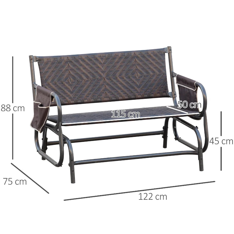 Panchina a Dondolo da Giardino 2 Posti in Rattan e Acciaio con Tasche Laterali, 122x75x88cm Marrone e Nero 867-076