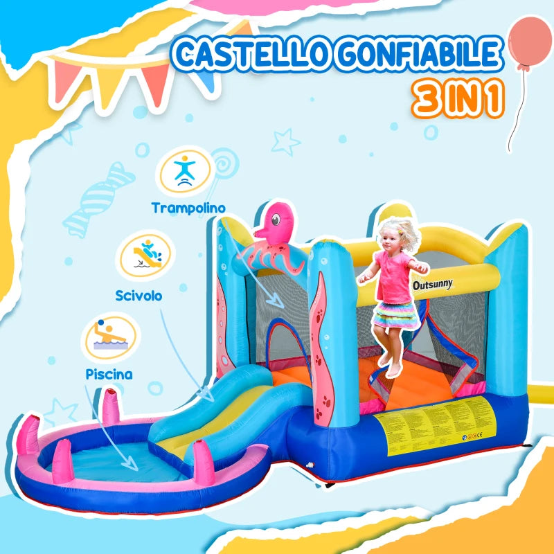 Castello Gonfiabile Gigante e Rimbalzante per Bambini 3-8 Anni con Scivolo, Piscina e Gonfiatore 3.6x1.75x1.8m MN4342-022V90MN4