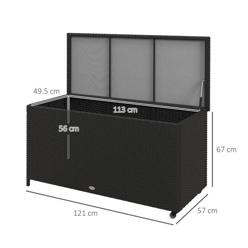 Baule da Giardino in Rattan PE con Ruote e Maniglia Laterale, 121x57x67cm, Nero 865-016V00BK