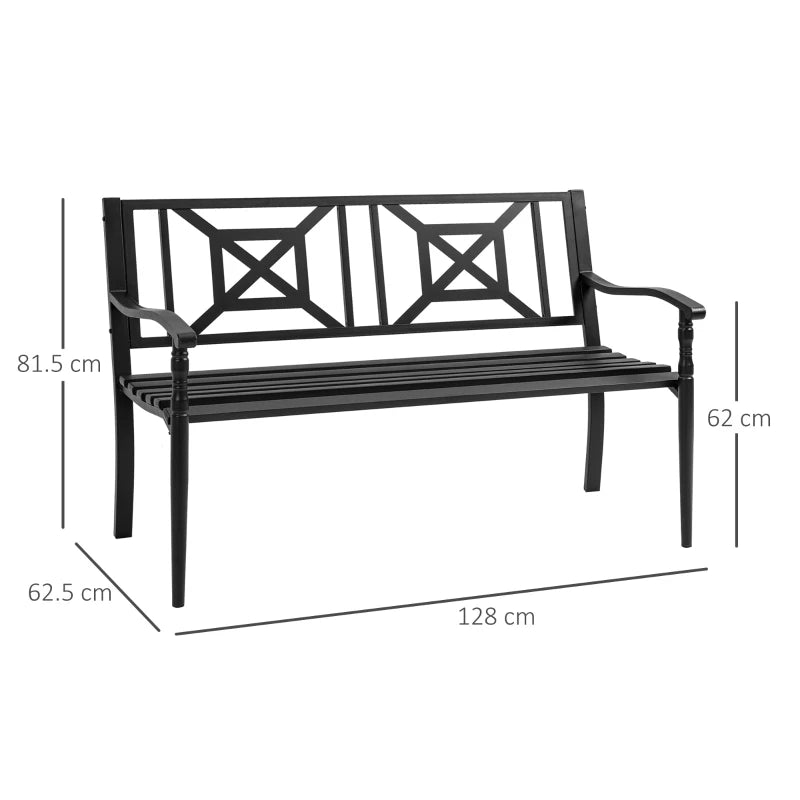 Panchina da Giardino in Acciaio a 2 Posti con Schienale Alto e Braccioli, 128x62.5x81.5 cm, Nero 84B-749V01