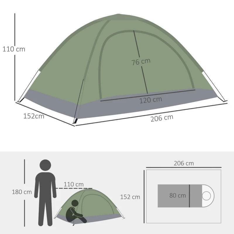 Tenda da Campeggio a Igloo con Porta a Cerniera, Zanzariera e Finestre a Rete, 206x152x110 cm, Verde IW8A20-260DGIW8