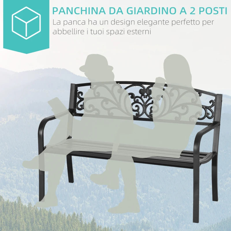 Panchina da Giardino in Metallo con Schienale Decorato, 127x60x87cm - Nero 840-036