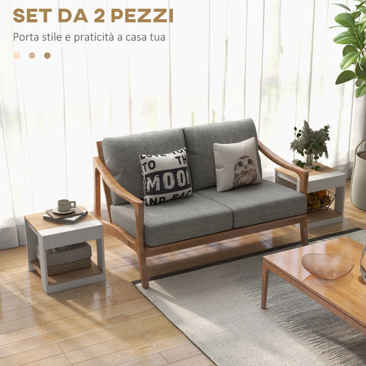 Set da 2 Tavolini da Soggiorno con Design a Due Livelli, 40x40x45cm, Bianco e Quercia TR7839-777V80WTTR7