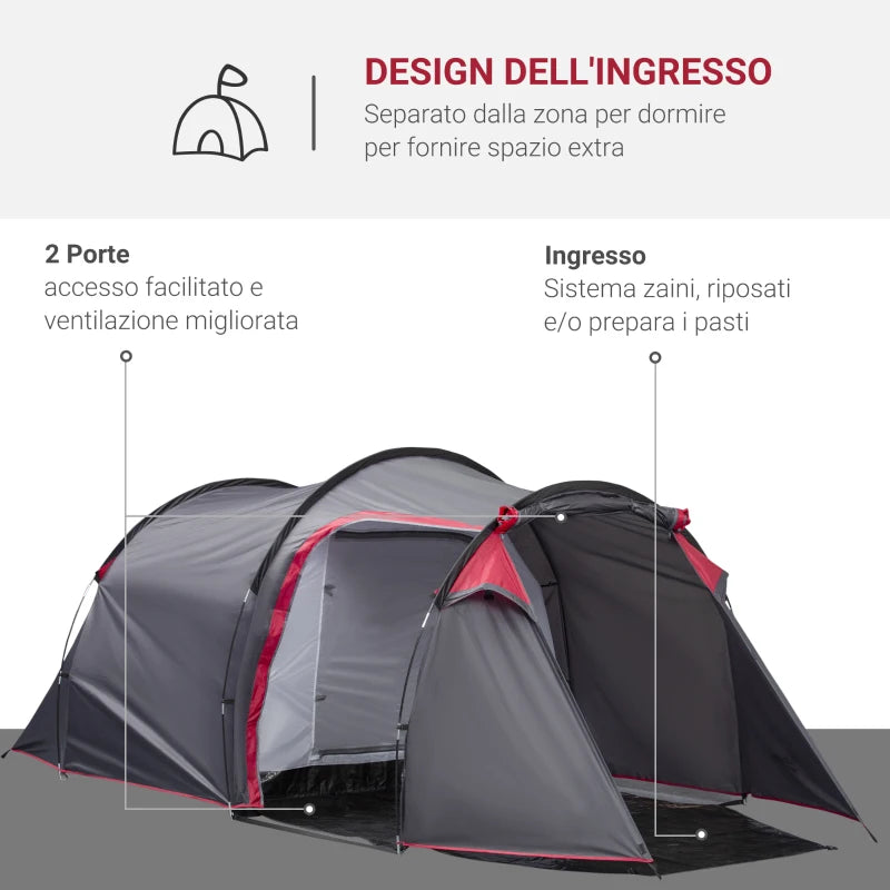 Tenda da Campeggio 2-4 Posti con Vestibolo e Porte con Cerniera, 426x206x154cm Grigio EM6A20-173CGEM6