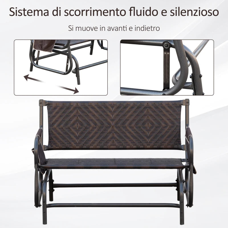 Panchina a Dondolo da Giardino 2 Posti in Rattan e Acciaio con Tasche Laterali, 122x75x88cm Marrone e Nero 867-076