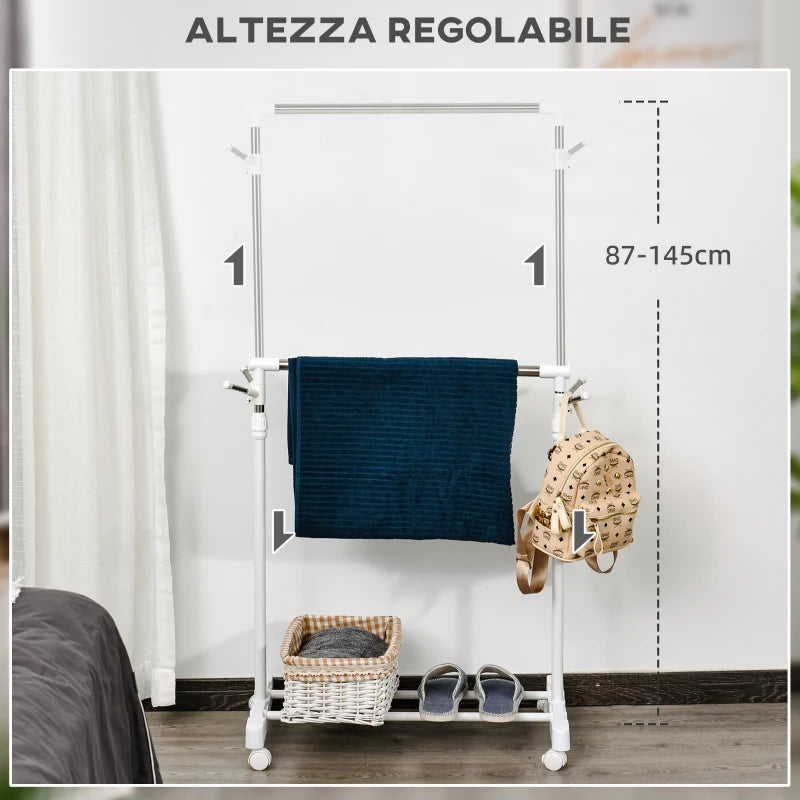 Appendiabiti Stender ad Altezza Regolabile con Fondo Portaoggetti e 4 Ruote, 68.5x42x87-145 cm DS7850-116DS7