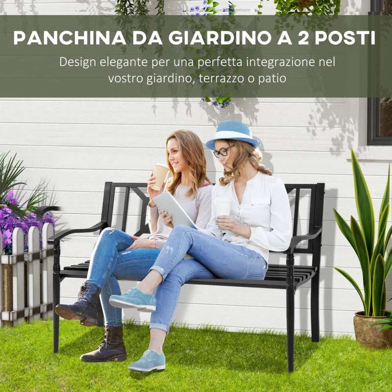 Panchina da Giardino in Acciaio a 2 Posti con Schienale Alto e Braccioli, 128x62.5x81.5 cm, Nero 84B-749V01