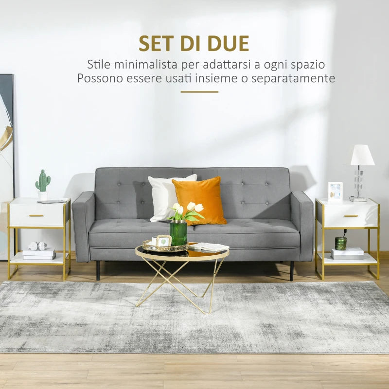 Set 2 Comodini Moderni con Cassetto e Ripiano Aperto in MDF e Acciaio, 45x40x60cm, Bianco e Oro AW1831-534AW1