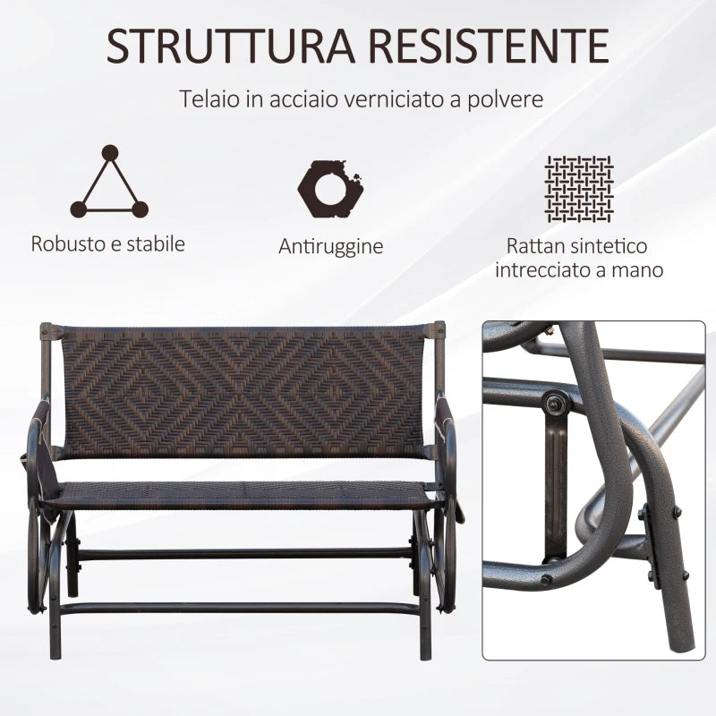 Panchina a Dondolo da Giardino 2 Posti in Rattan e Acciaio con Tasche Laterali, 122x75x88cm Marrone e Nero 867-076