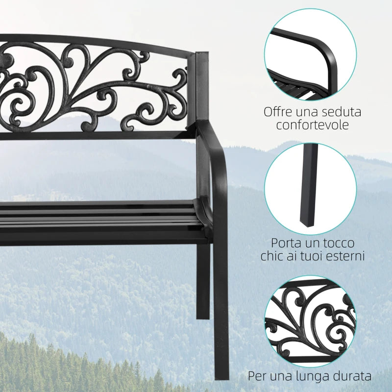 Panchina da Giardino in Metallo con Schienale Decorato, 127x60x87cm - Nero 840-036