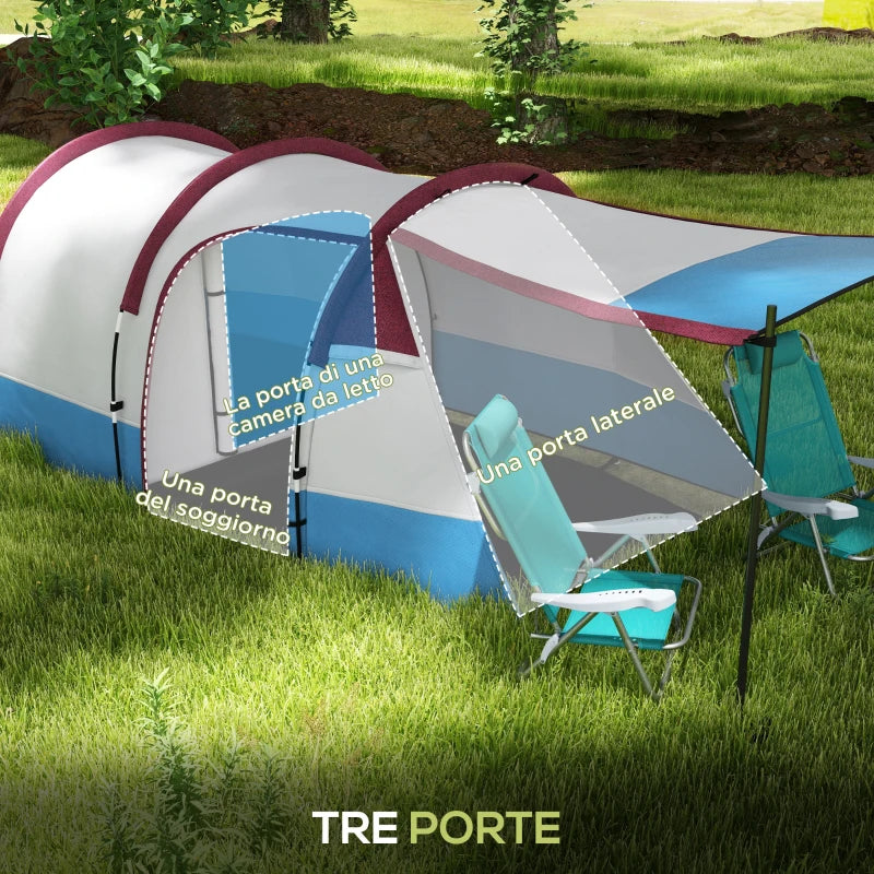 Tenda da Campeggio Impermeabile con 2 Aree e 3 Ingressi, in Poliestere e Fibra di Vetro, 420x200x150 cm, Rosso ES2A20-425V00RDES2
