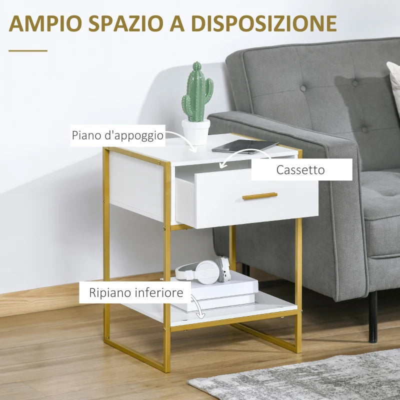 Set 2 Comodini Moderni con Cassetto e Ripiano Aperto in MDF e Acciaio, 45x40x60cm, Bianco e Oro AW1831-534AW1