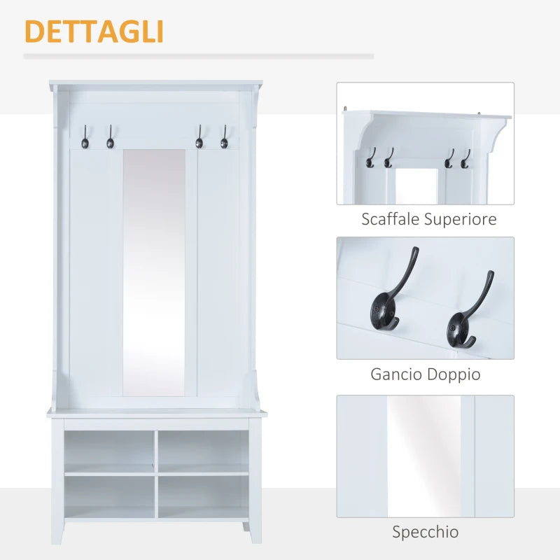 Appendiabiti Attaccapanni da Terra con Specchio Scarpiera 4 Ganci Legno 80x40x170cm Bianco HU7831-226HU7