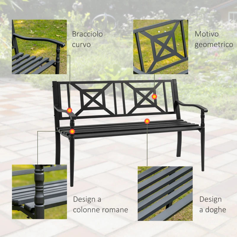 Panchina da Giardino in Acciaio a 2 Posti con Schienale Alto e Braccioli, 128x62.5x81.5 cm, Nero 84B-749V01