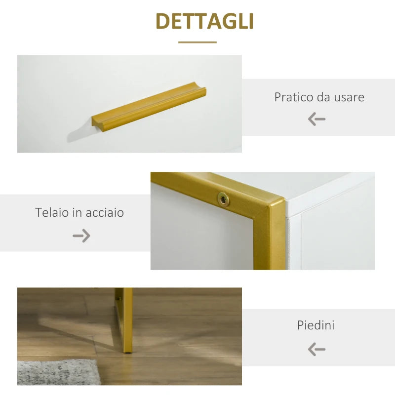 Set 2 Comodini Moderni con Cassetto e Ripiano Aperto in MDF e Acciaio, 45x40x60cm, Bianco e Oro AW1831-534AW1