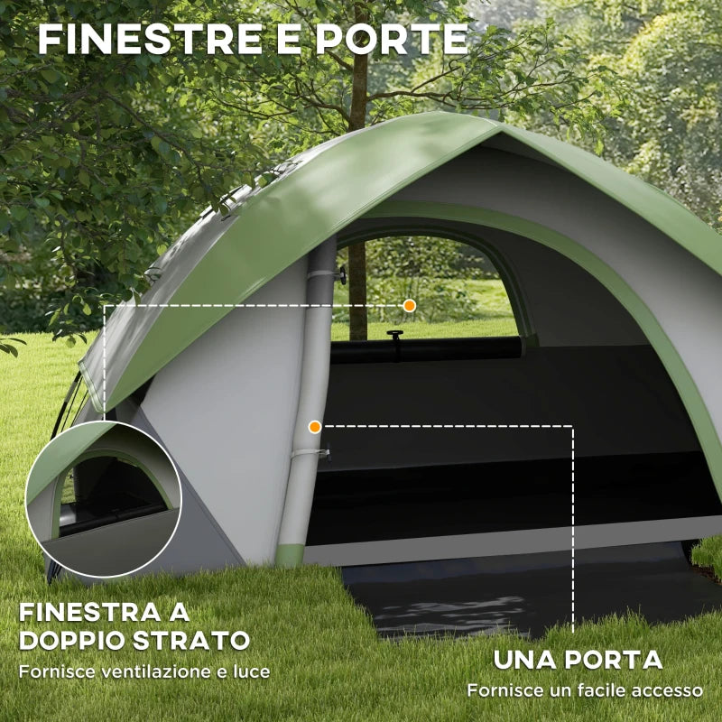 Tenda da Campeggio 3 Posti con Finestra a Rete, in Poliestere, Fibra di Vetro e PE, 210x150x110 cm, Grigio e Verde RJ2A20-407V00GNRJ2