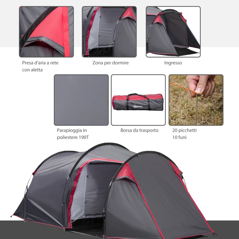 Tenda da Campeggio 2-4 Posti con Vestibolo e Porte con Cerniera, 426x206x154cm Grigio EM6A20-173CGEM6