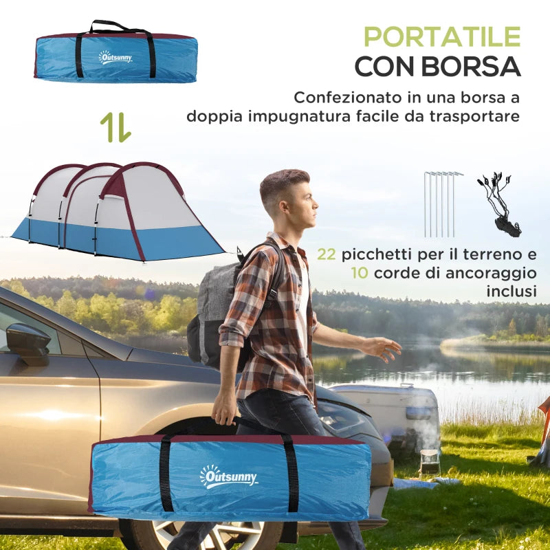 Tenda da Campeggio Impermeabile con 2 Aree e 3 Ingressi, in Poliestere e Fibra di Vetro, 420x200x150 cm, Rosso ES2A20-425V00RDES2