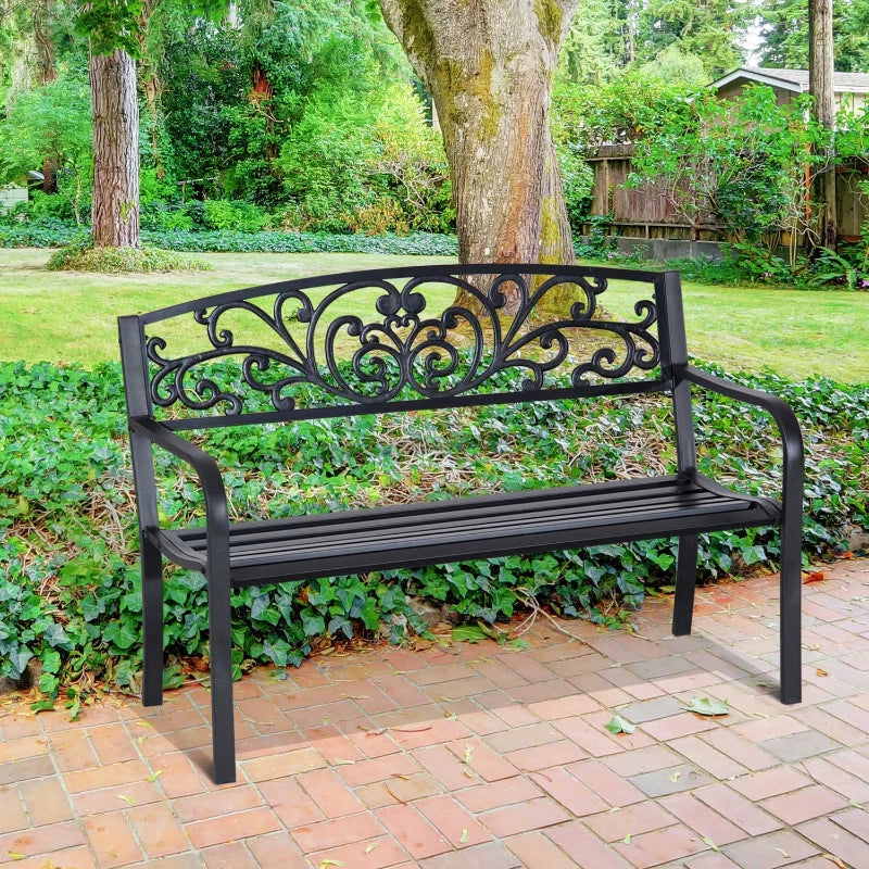 Panchina da Giardino in Metallo con Schienale Decorato, 127x60x87cm - Nero 840-036