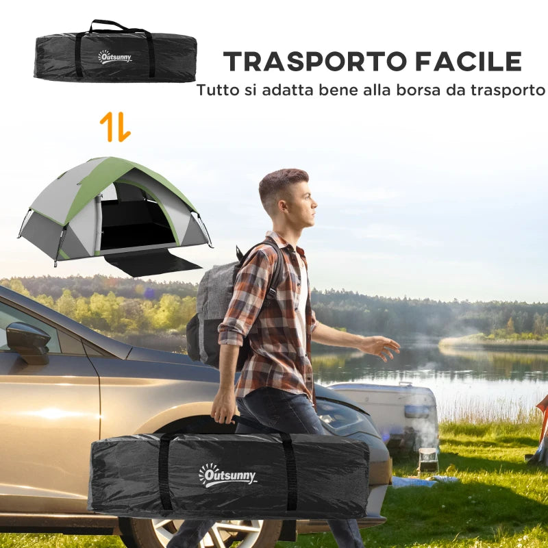 Tenda da Campeggio 3 Posti con Finestra a Rete, in Poliestere, Fibra di Vetro e PE, 210x150x110 cm, Grigio e Verde RJ2A20-407V00GNRJ2