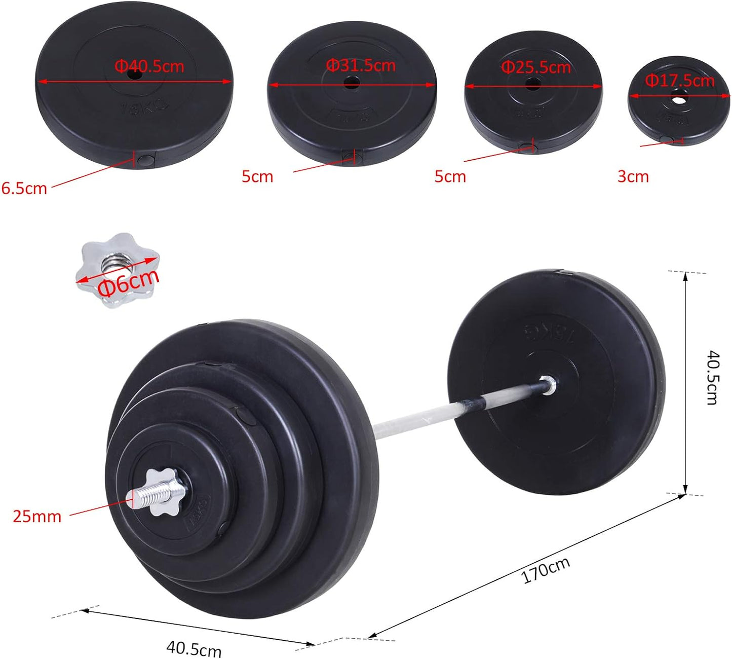 Set Bilanciere e Dischi 70kg pesi palestra 8 Dischi Pesi Rivestiti in Plastica e Barra in Ferro, 170x40.5x40.5cm Nero 898A91-074f66