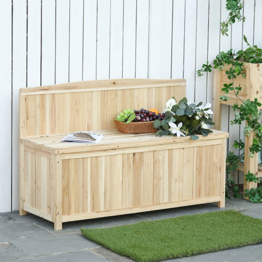 Panca Contenitore da Esterno in Legno di Abete Naturale con Schienale per Giardino e Terrazza, 115x45x75cm  84B-460